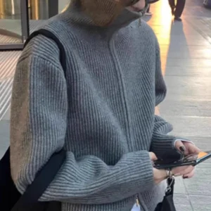 Grey double zipper turtleneck knitted cashmere cardigan women's autumn and winter thickened 100% pure wool with sweater coat